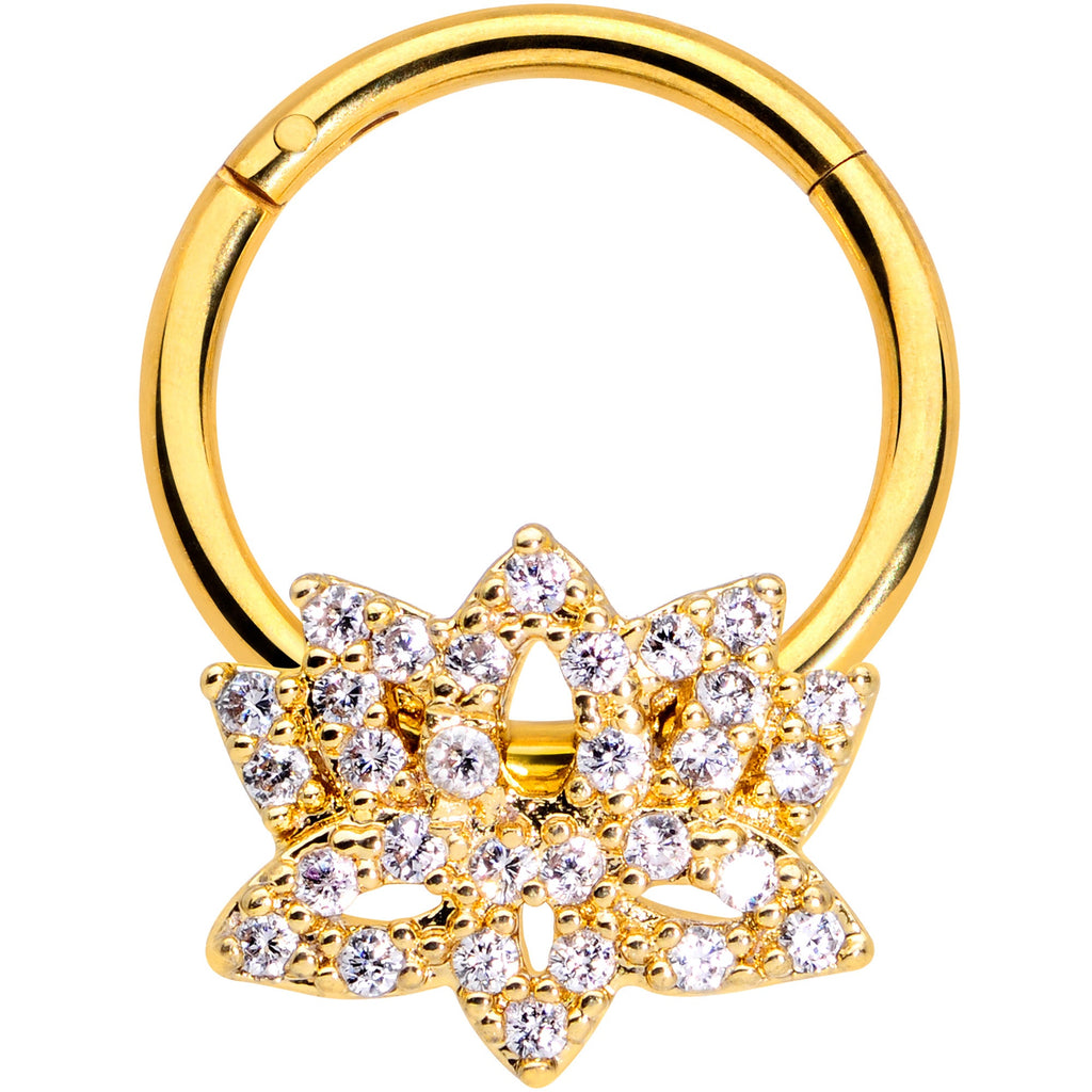 16G 3/8 Clear CZ Gem Gold Tone Lotus Flower Hinged Segment Ring