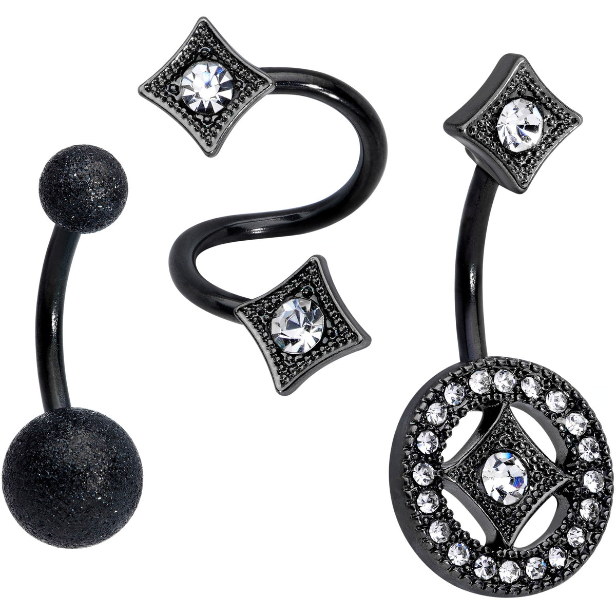 Clear Gem Black Sandblasted Spiral Circle Belly Ring Set of 3