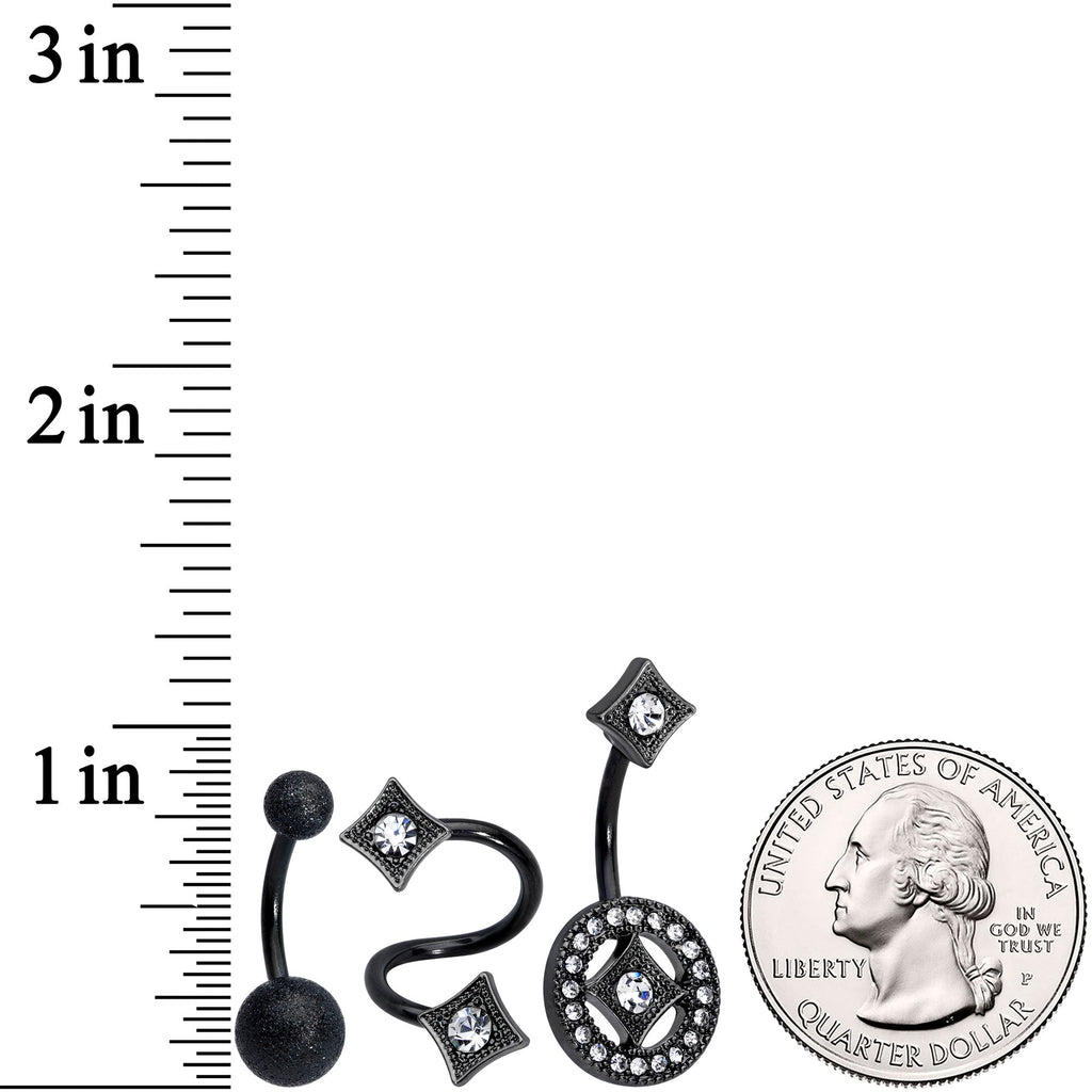 Clear Gem Black Sandblasted Spiral Circle Belly Ring Set of 3