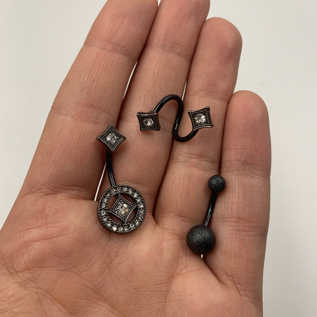 Clear Gem Black Sandblasted Spiral Circle Belly Ring Set of 3