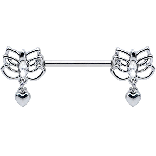 14G 5/8 Clear Gem Lotus Heart Dangle Barbell Nipple Ring Set