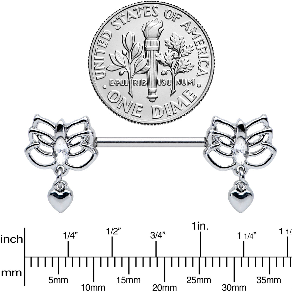 14G 5/8 Clear Gem Lotus Heart Dangle Barbell Nipple Ring Set