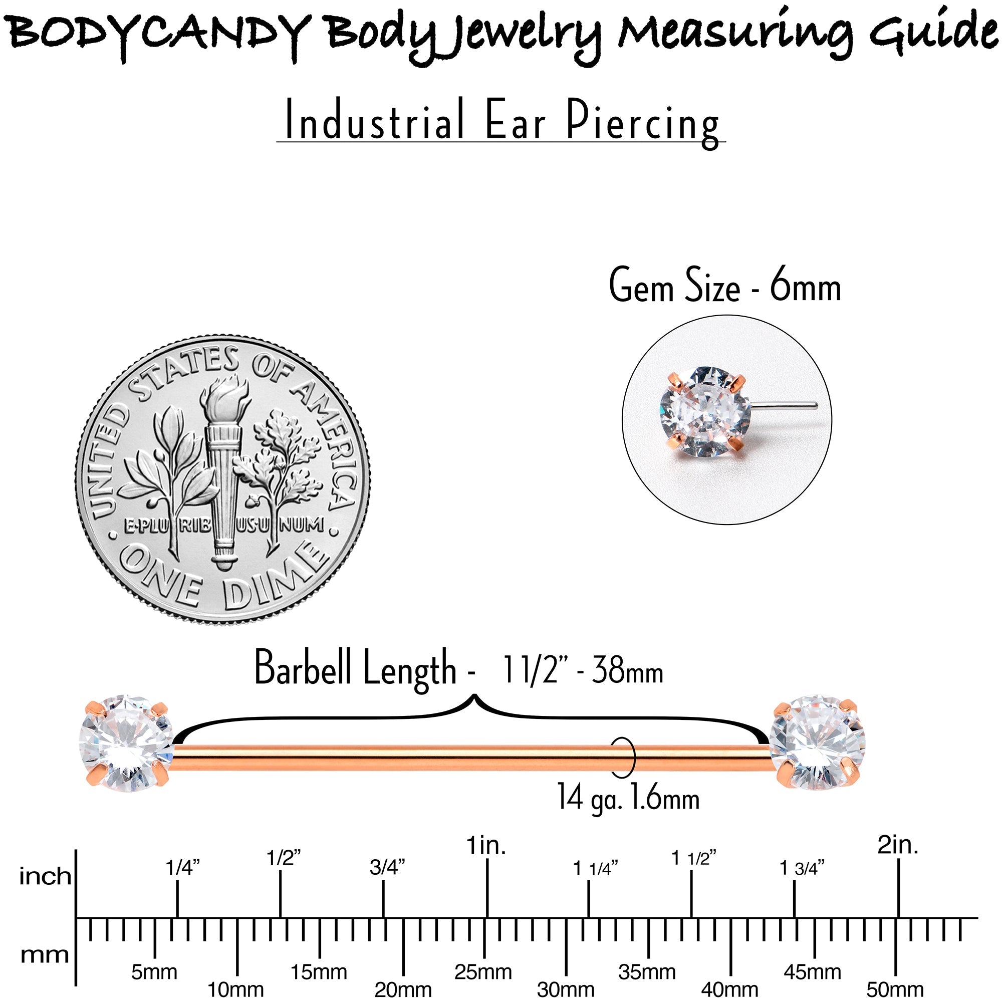 14G Clear CZ Gem Rose Gold Tone Threadless Industrial Barbell 38mm