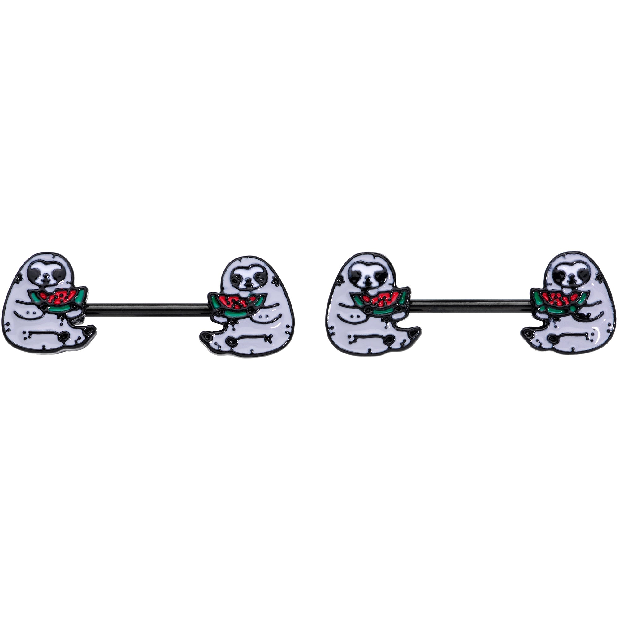 14G 9/16 Black Watermelon Sloth Barbell Nipple Ring Set