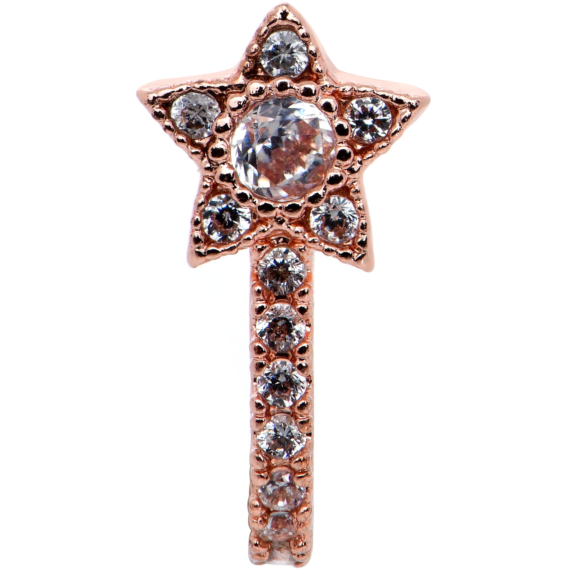 20G 7mm Clear Gem Rose Gold Hue Starry Faux Hoop L Shape Nose Ring