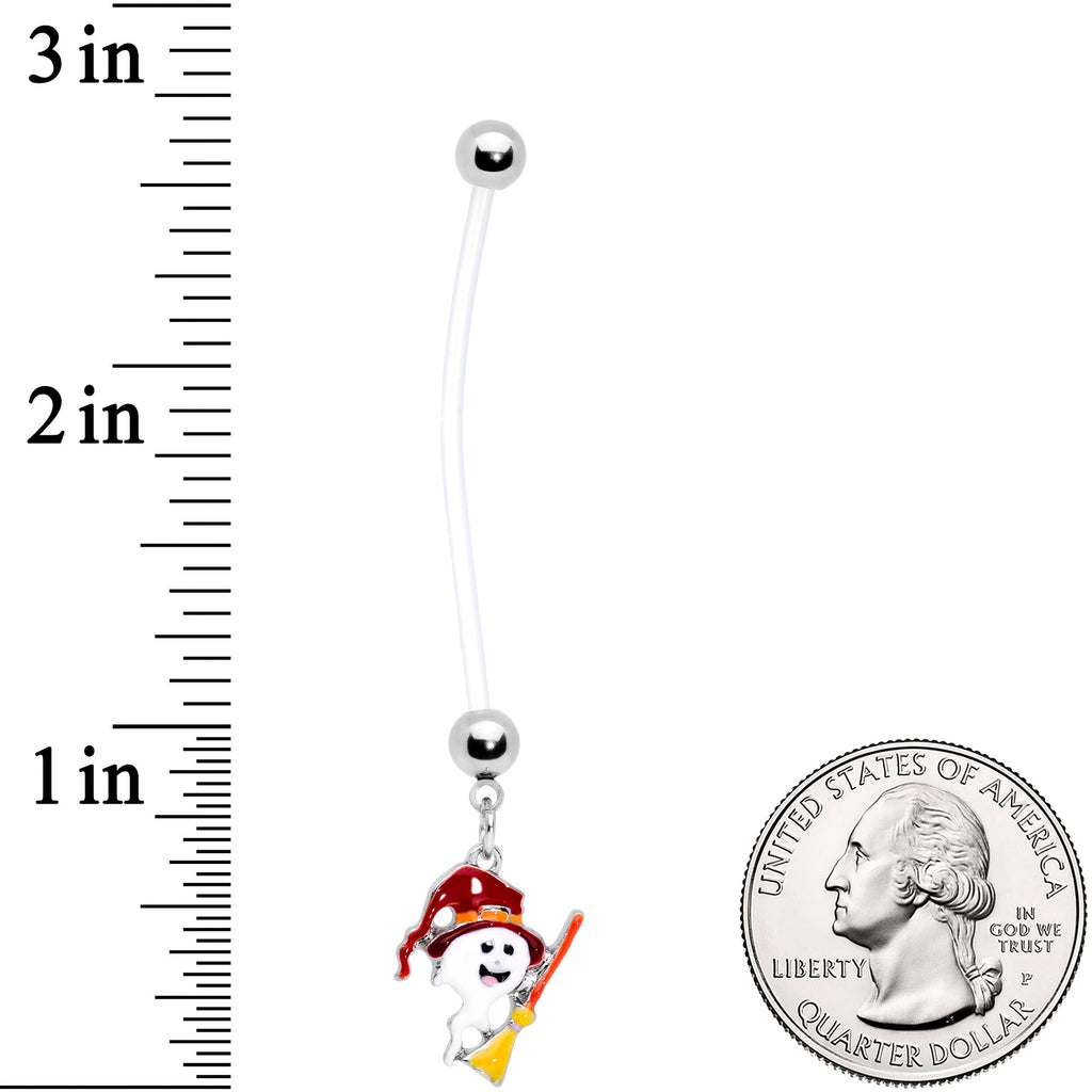 Clear Bioplast Ghost Witch on Broom Halloween Pregnancy Dangle Belly Ring