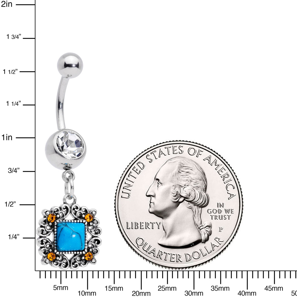 Clear Yellow Gem Blue Faux Turquoise Square Dangle Belly Ring