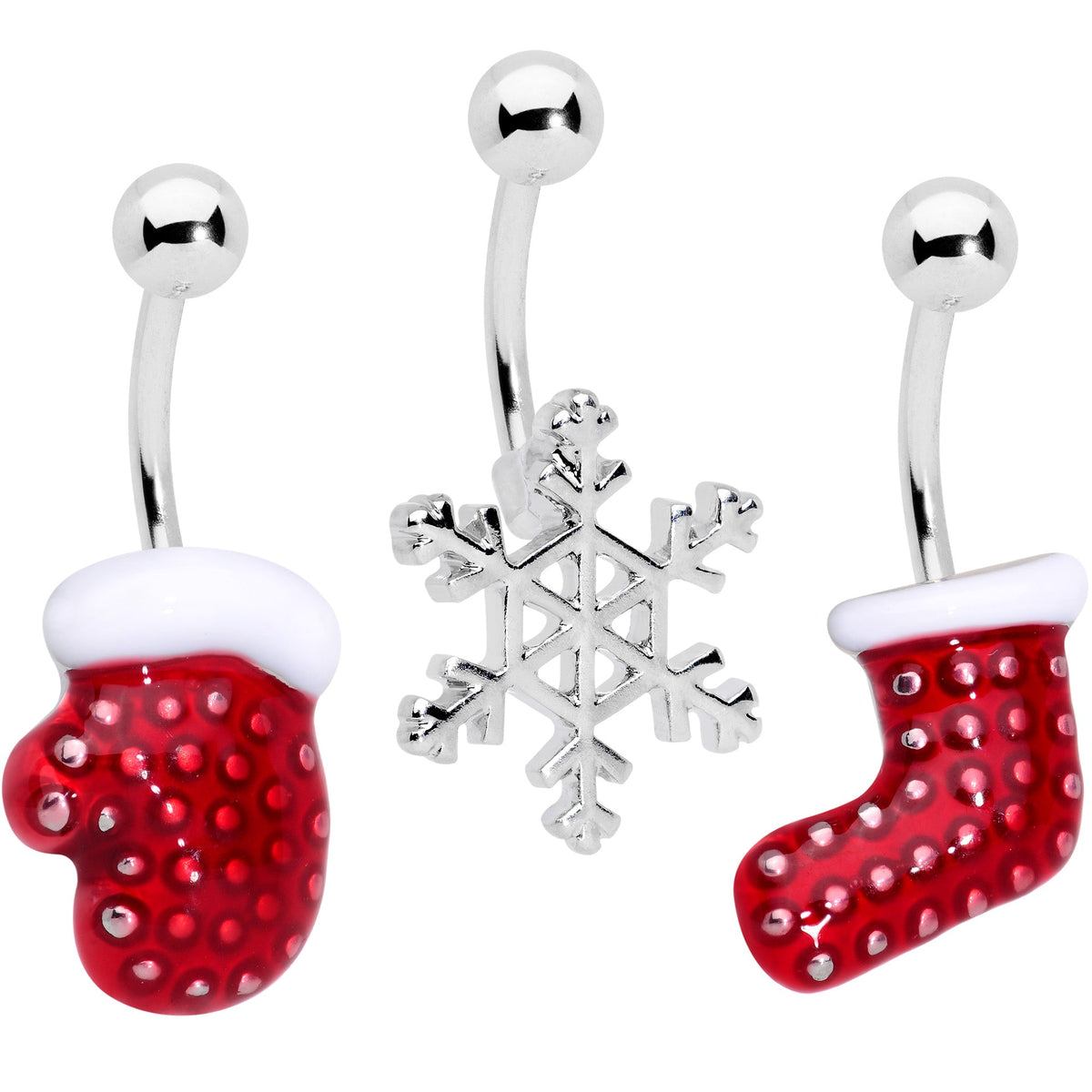 Holiday Snowflake Mitten Stocking Christmas Belly Ring Set of 3