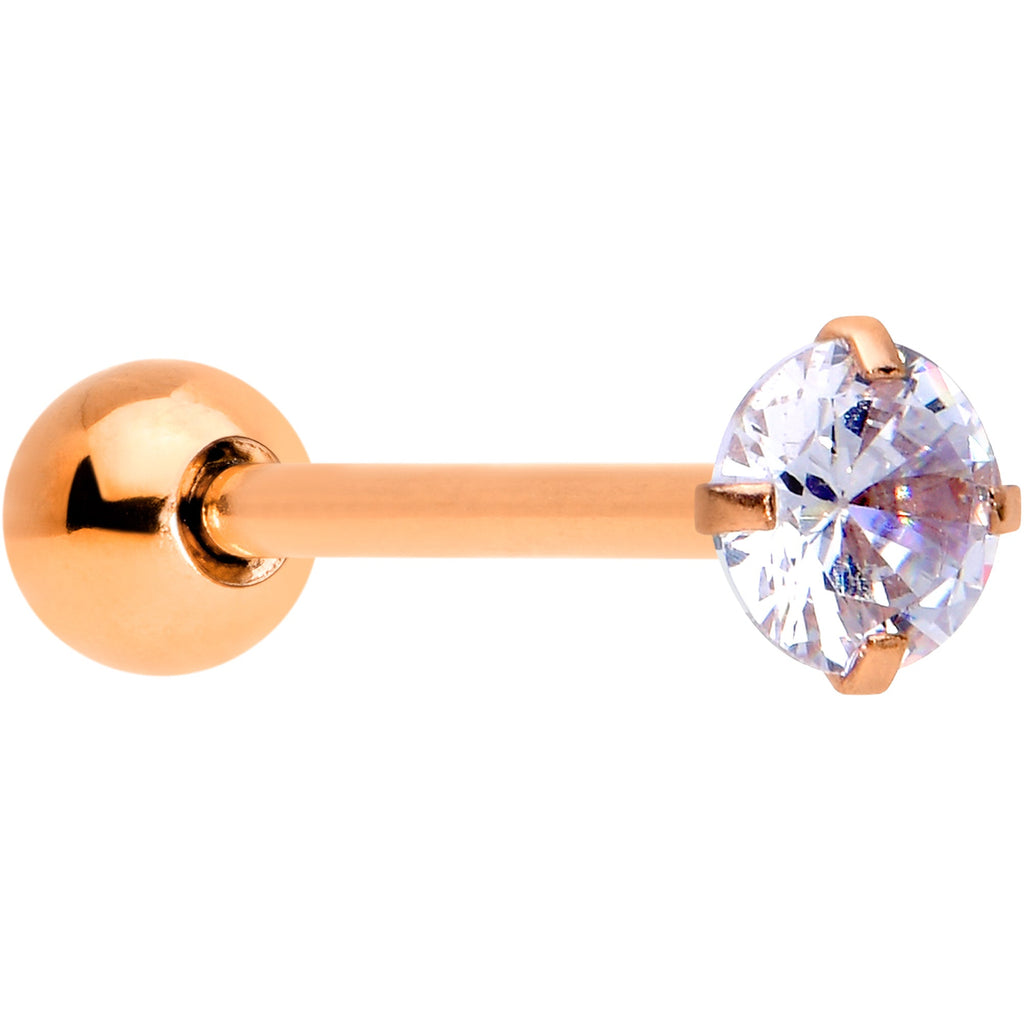 Clear CZ Gem Rose Gold Tone Circle Top Barbell Tongue Ring
