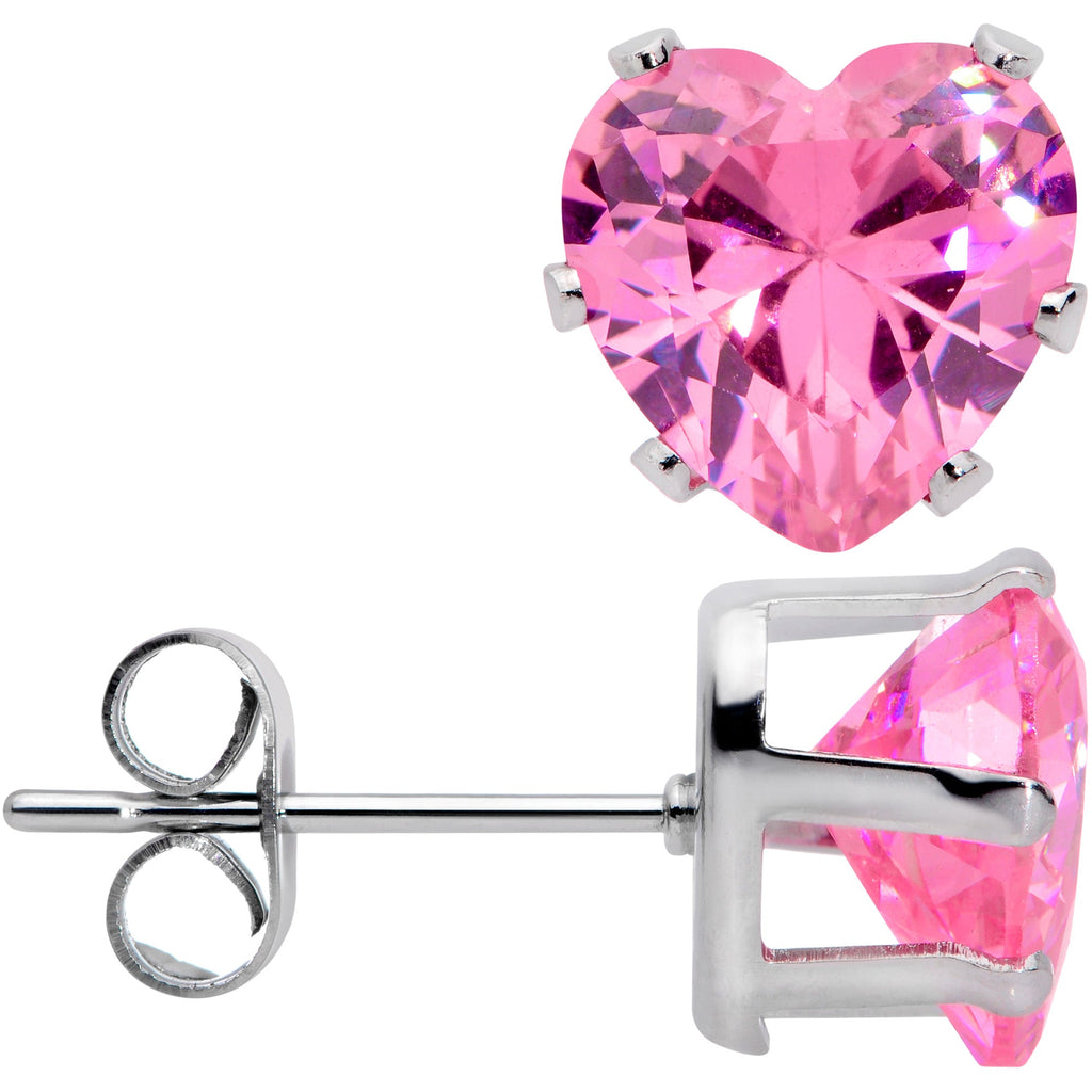 Pink Gem Valentine Heart Steel Post Stud Earrings
