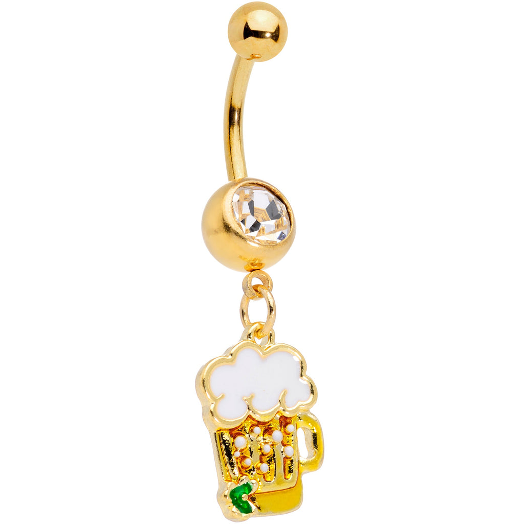 Clear Gem Gold Tone Beer Mug St Patricks Day Dangle Belly Ring