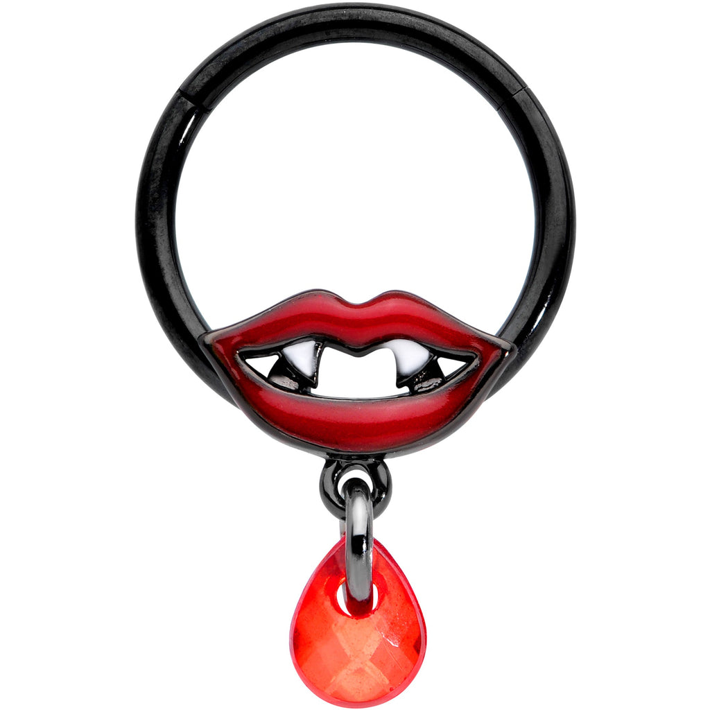 16G 3/8 Red Gem Black Vampire Fang Halloween Hinged Segment Ring