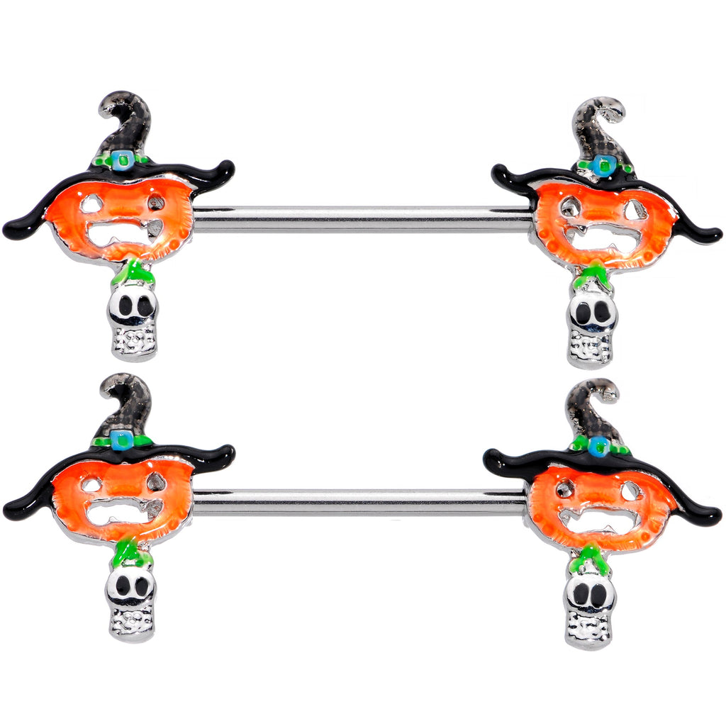 14G 9/16 Pumpkin Witch Ghost Halloween Barbell Nipple Ring Set
