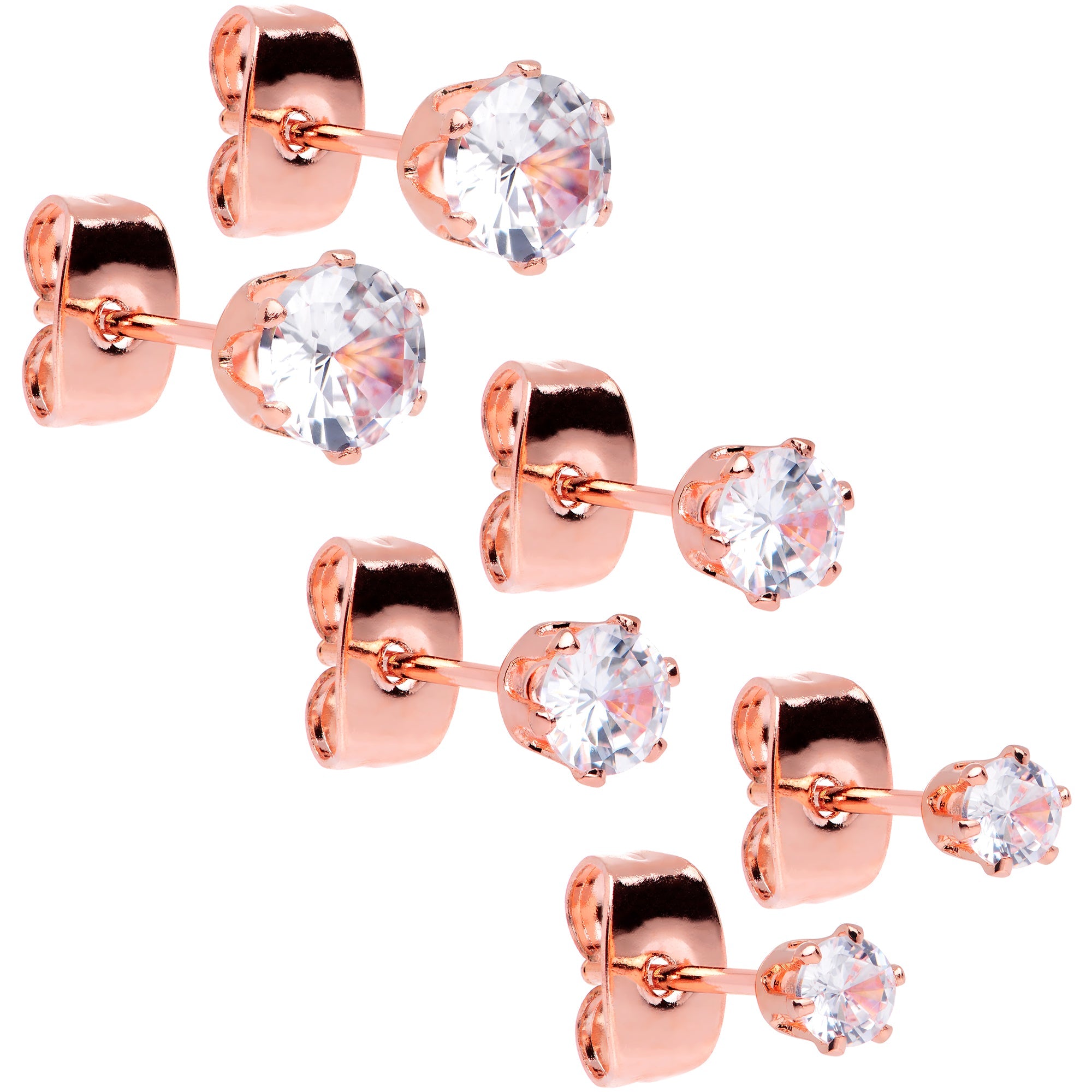 20G Clear CZ Gem Rose Gold Tone Post Stud Earring Set of 3