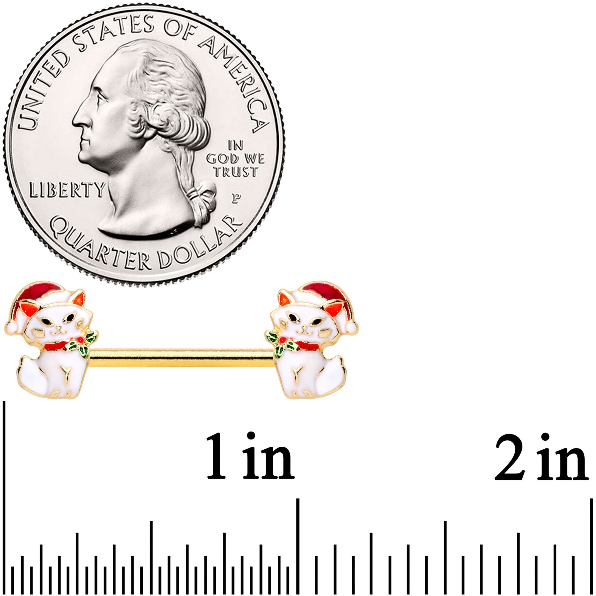 14G 9/16 Gold Tone Cat Santa Christmas Barbell Nipple Ring Set