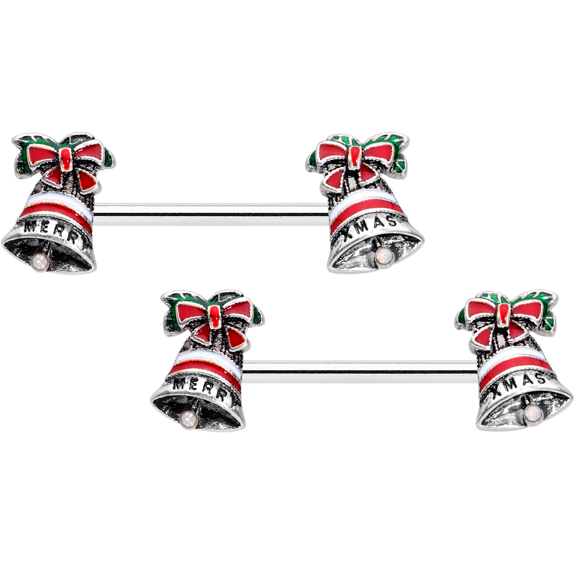 14G 5/8 Red White Green Bell Christmas Barbell Nipple Ring Set