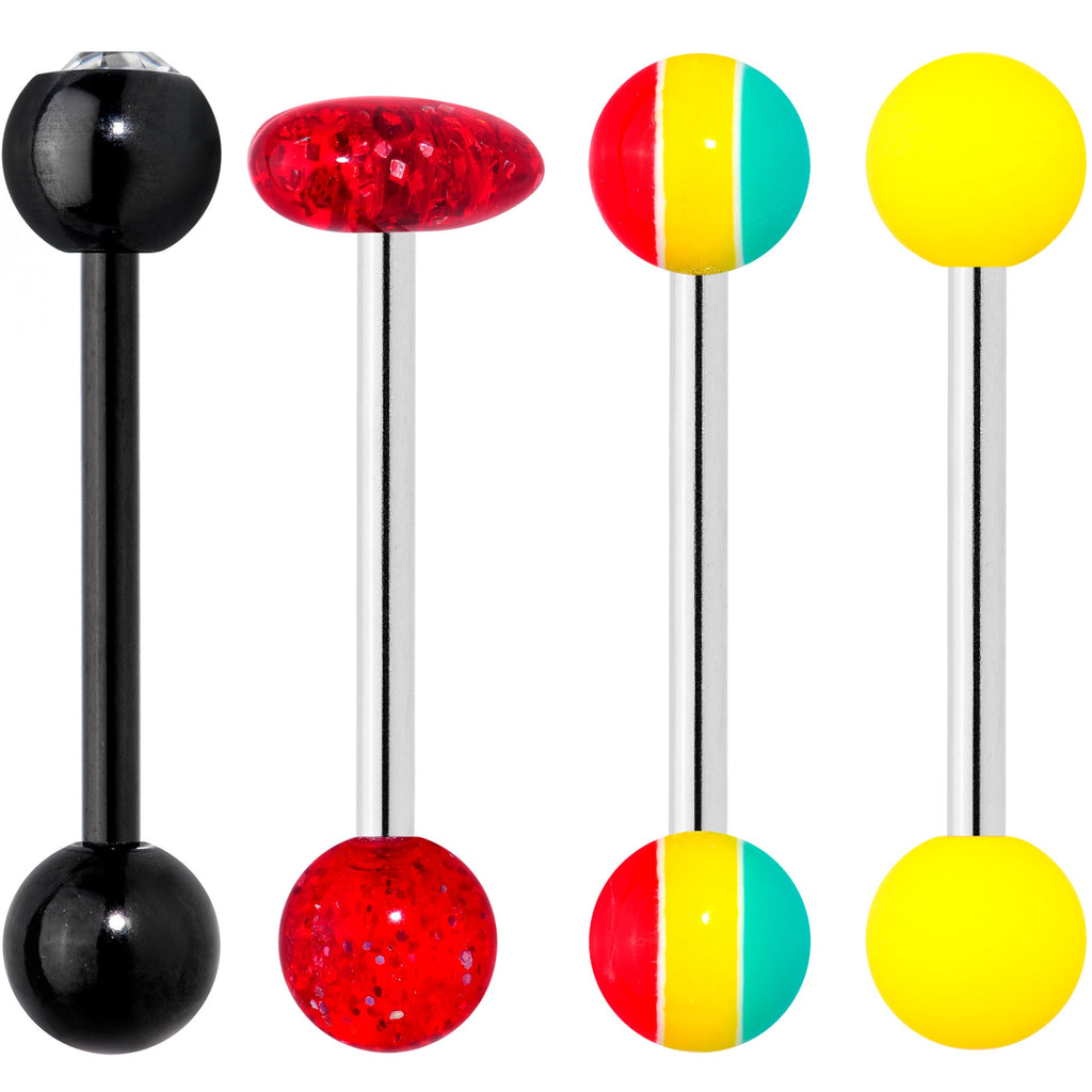 Clear Gem Black Red Glitter Heart Stripes Barbell Tongue Ring Set of 4