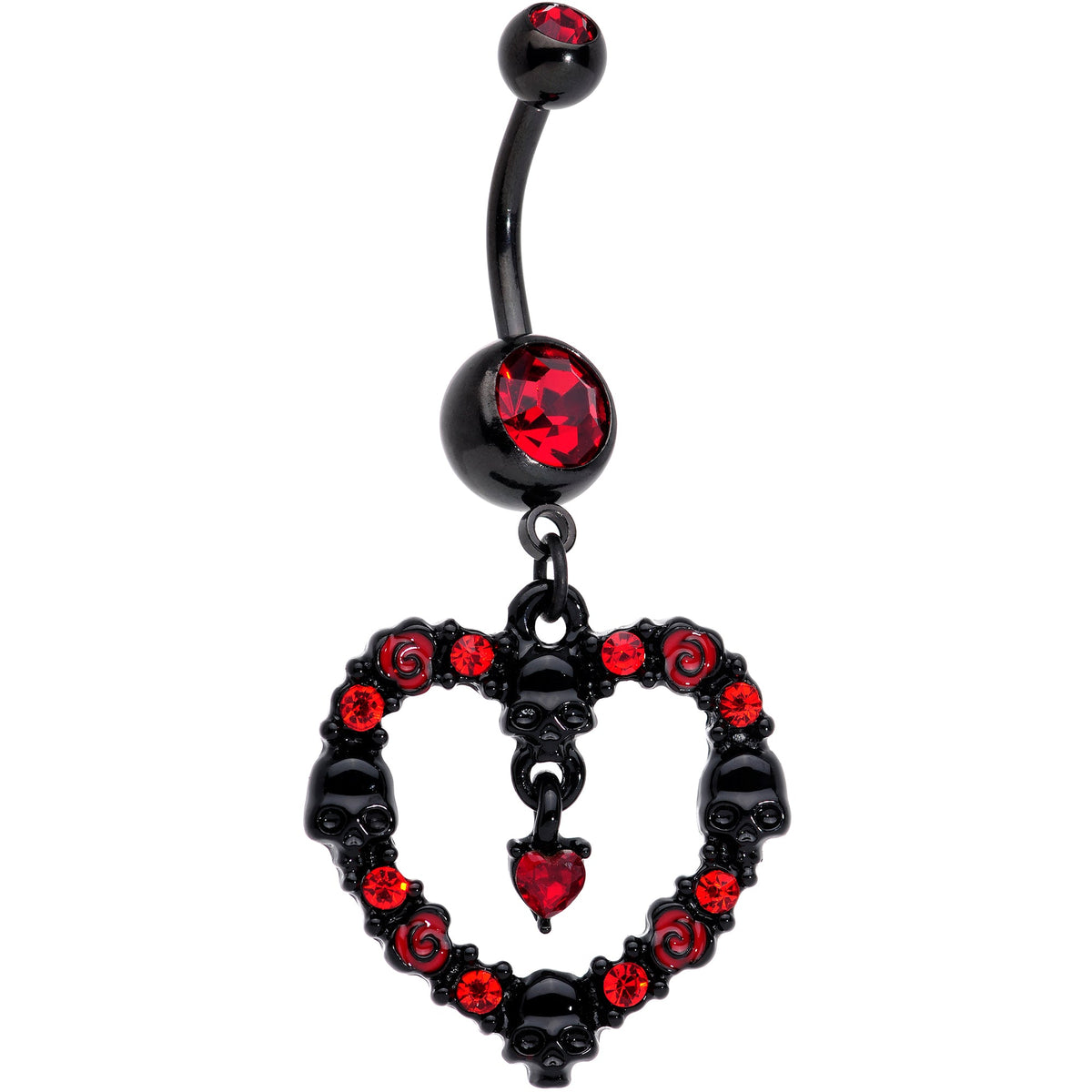 Red CZ Gem Black Skull Heart Halloween Dangle Belly Ring
