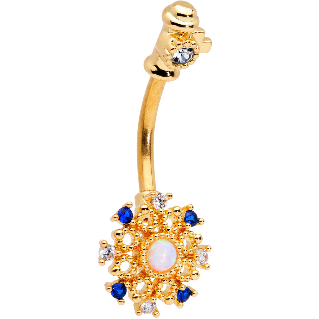 White Synthetic Opal Gold Tone Key Double Mount Belly Ring