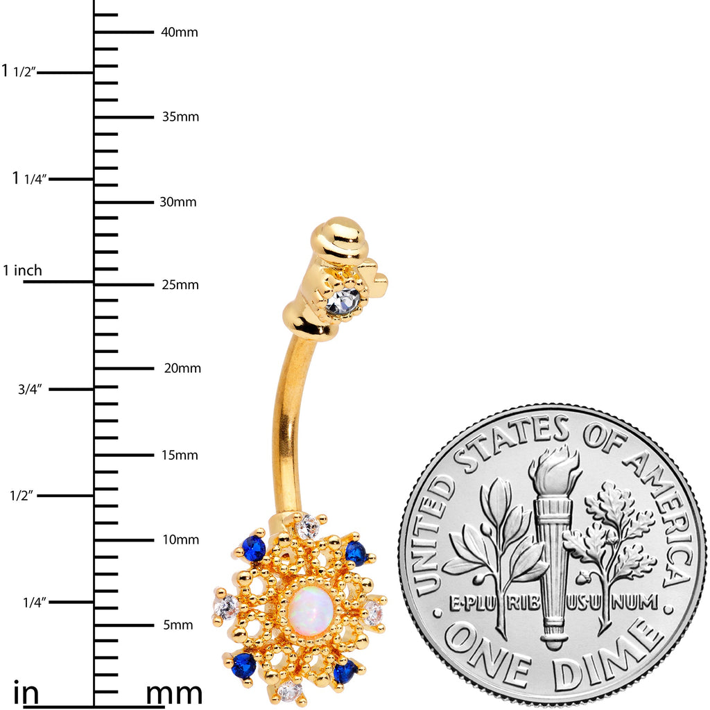 White Synthetic Opal Gold Tone Key Double Mount Belly Ring