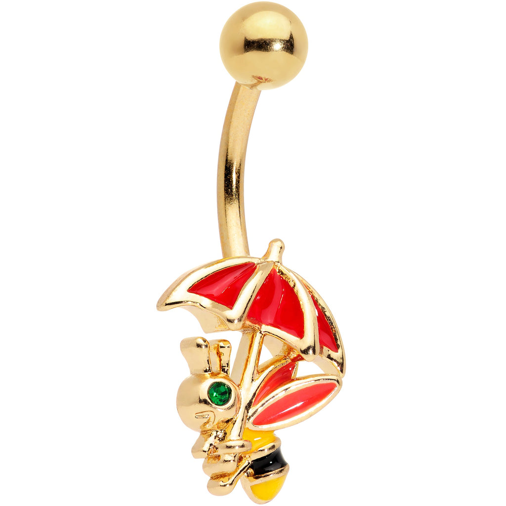 Green Gem Gold Tone Rainy Day Bee Umbrella Belly Ring