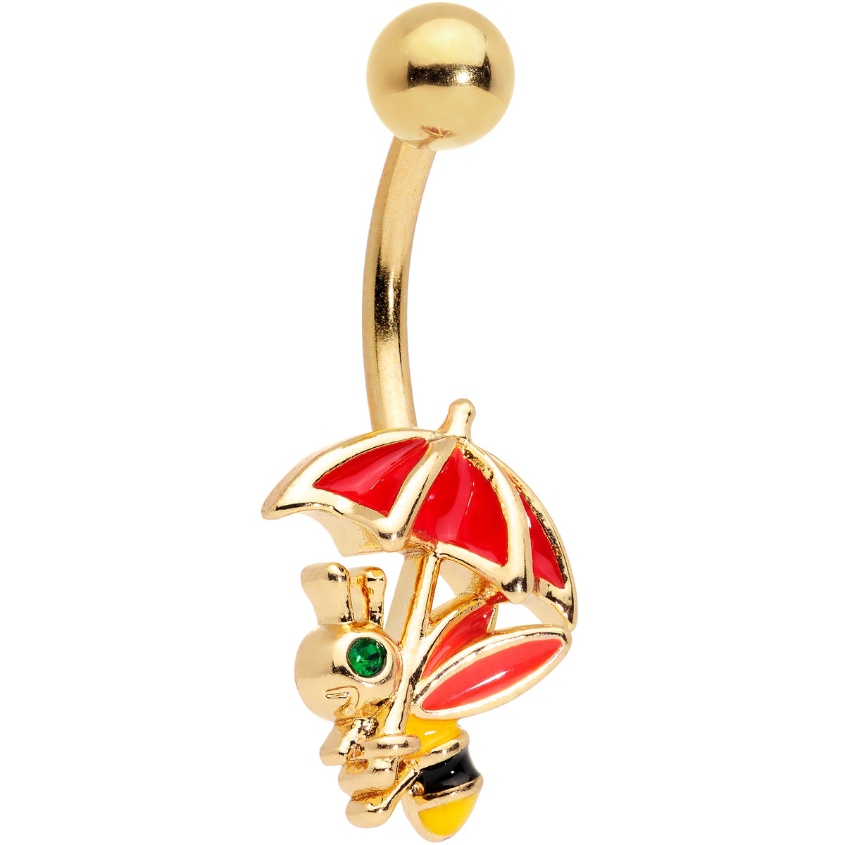 Green Gem Gold Tone Rainy Day Bee Umbrella Belly Ring