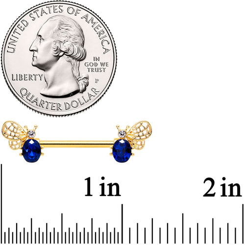 14G 9/16 Blue Gem Gold Tone Beautiful Bee Barbell Nipple Ring Set