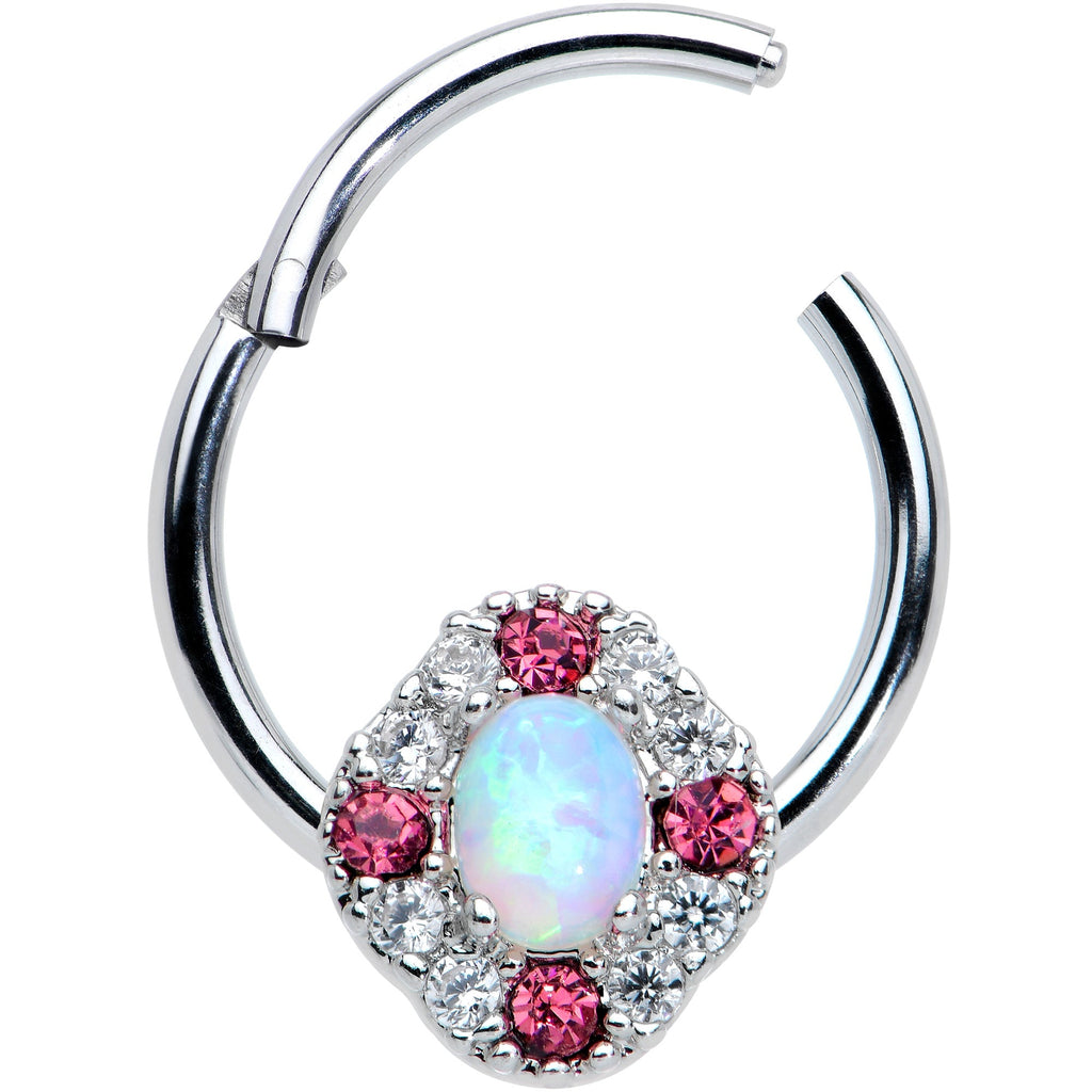 16G 3/8 White Synthetic Opal Glam Oval Hinged Segment Ring