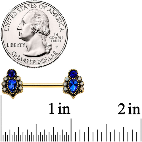 14G 9/16 Clear Blue Gem Gold Tone Heirloom Drop Nipple Ring Set