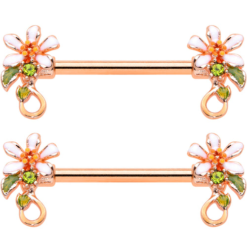 14G 9/16 Green Gem Rose Gold Tone Orange Flower Nipple Ring Set