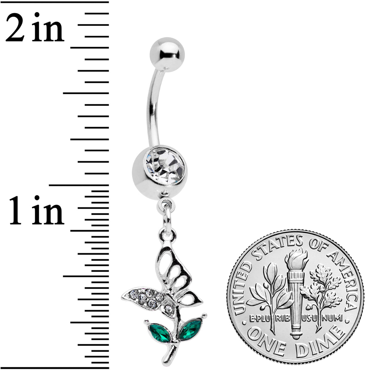 Clear Green Gem Perching Floral Butterfly Dangle Belly Ring