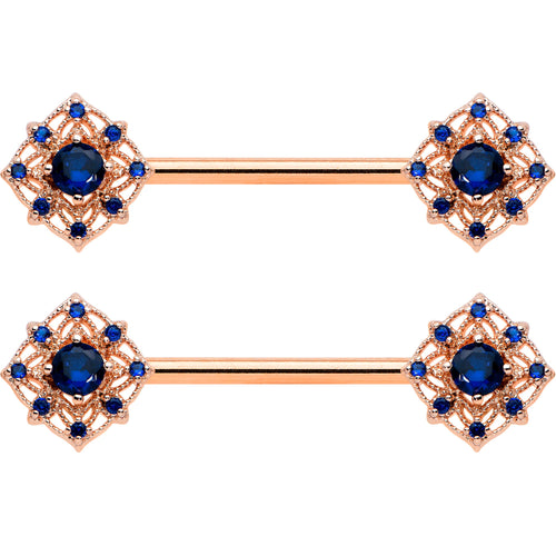14G 9/16 Blue Gem Rose Gold Tone Wicked Web Nipple Ring Set