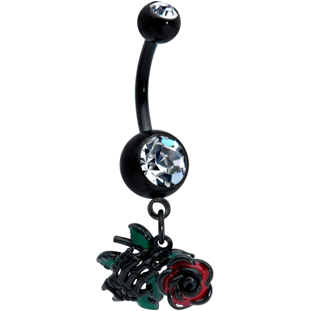 Clear Gem Black Skeleton Flower Halloween Dangle Belly Ring