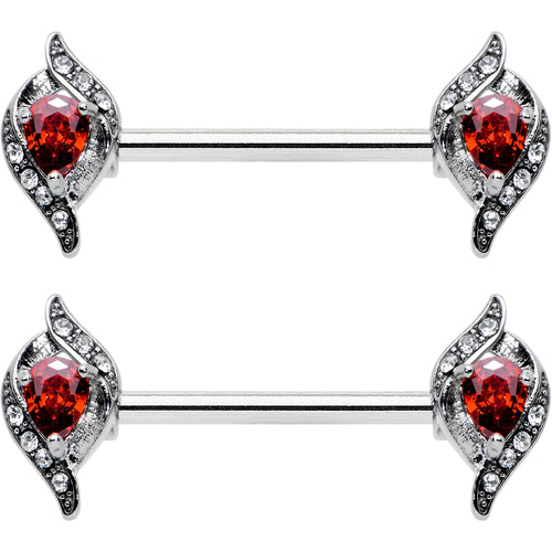 14G 9/16 Clear Red Gem Swirling Oval Barbell Nipple Ring Set