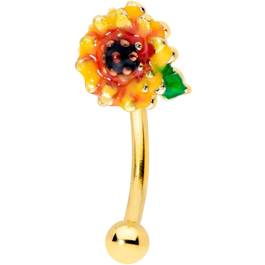 16G 5/16 Gold Tone Summer Sunflower Curved Eyebrow Ring
