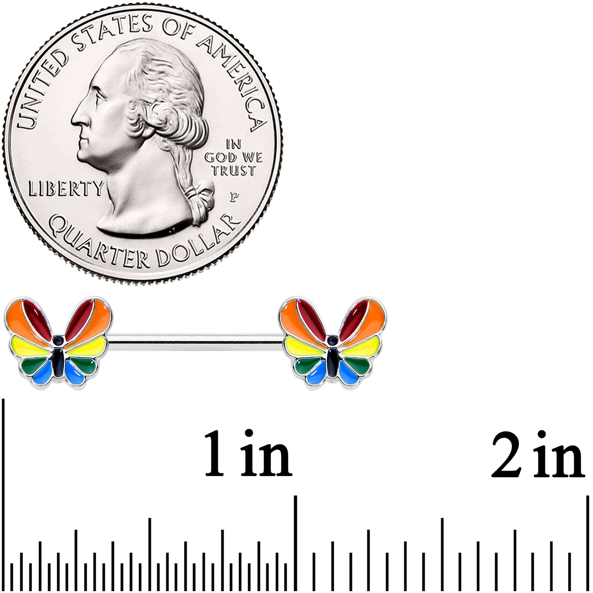 14G 9/16 Pride Rainbow Stripe Butterfly Barbell Nipple Ring Set