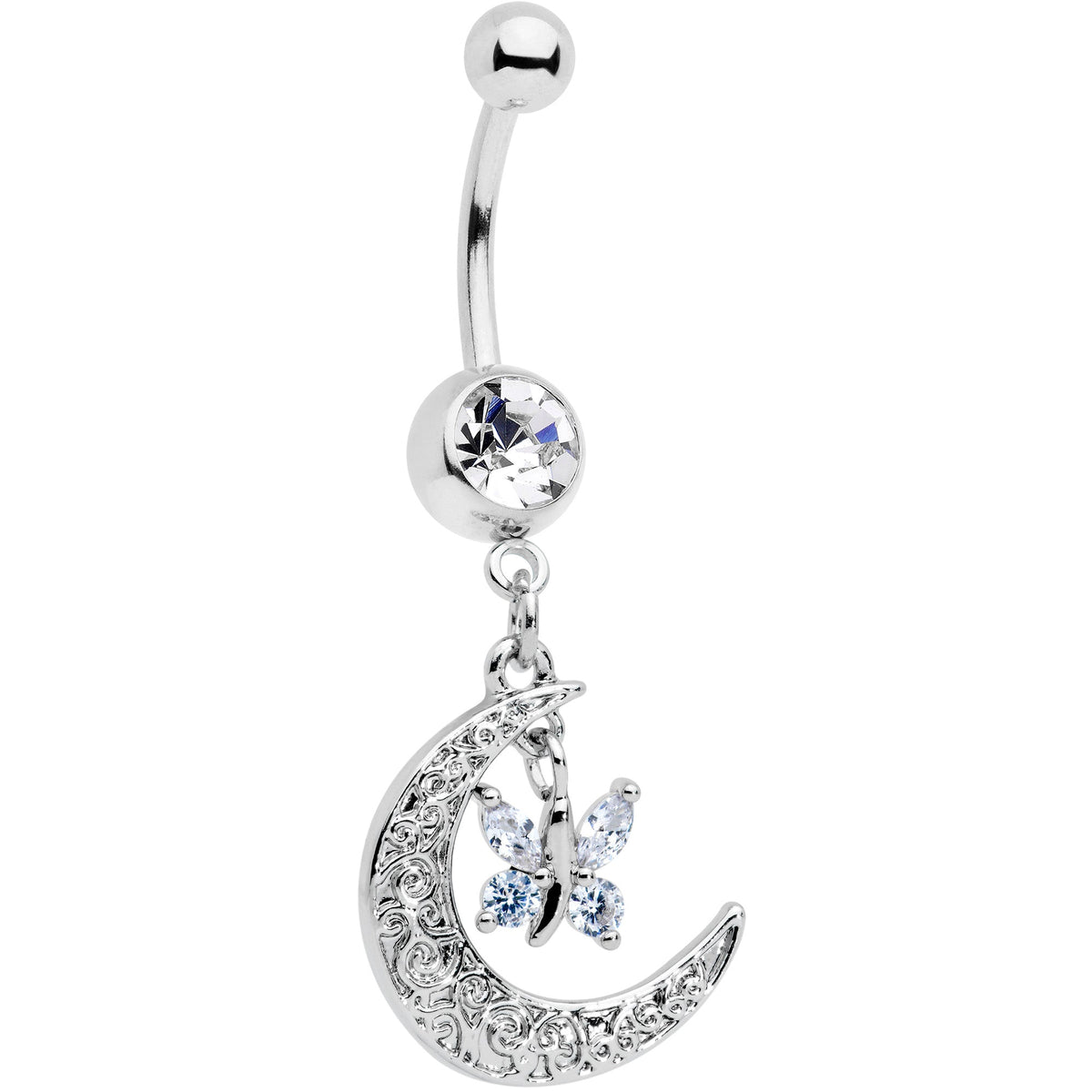 Clear Gem Crescent Moon Butterfly Dangle Belly Ring