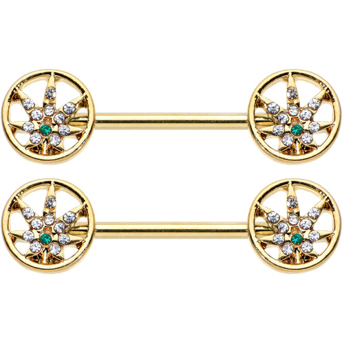 14G 9/16 Clear Green Gem Gold Hue Pot Leaf Circle Nipple Ring Set