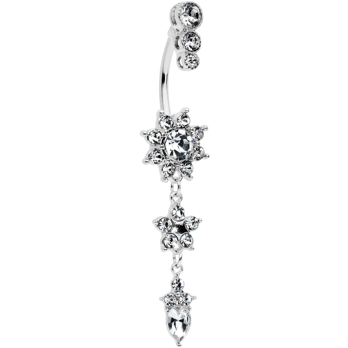 Clear Gem Triple Top Double Flower Drop Dangle Belly Ring