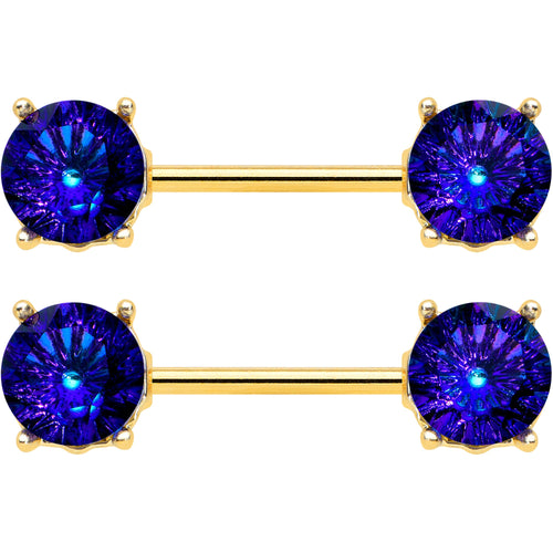 14G 9/16 Blue Gem Gold Tone Simply Elegant Nipple Ring Set