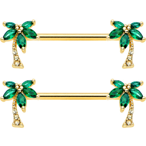 14G 9/16 Clear Green Gem Gold Tone Palm Tree Nipple Ring Set