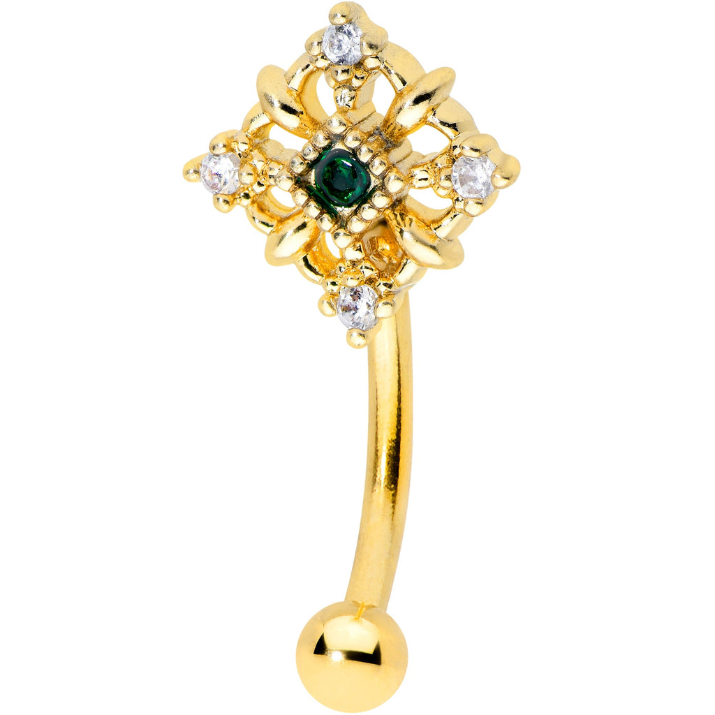 16G 5/16 Green Gem Gold Tone Noble Square Curved Eyebrow Ring