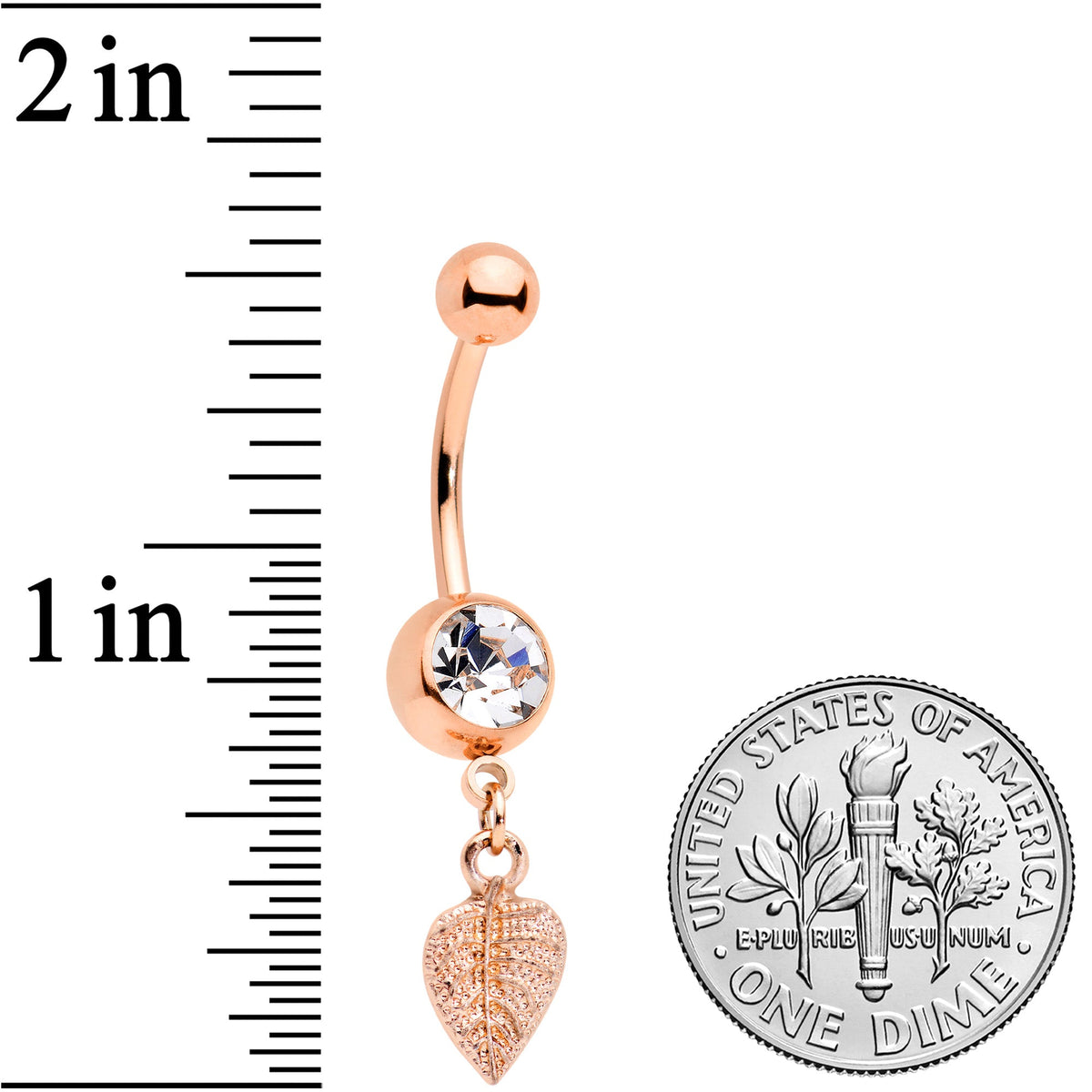 Clear Gem Rose Gold Tone Autumn Textured Leaf Dangle Belly Ring