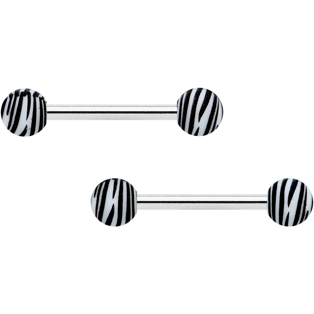 14G 9/16 Matte White Zebra Stripe Barbell Nipple Ring Set