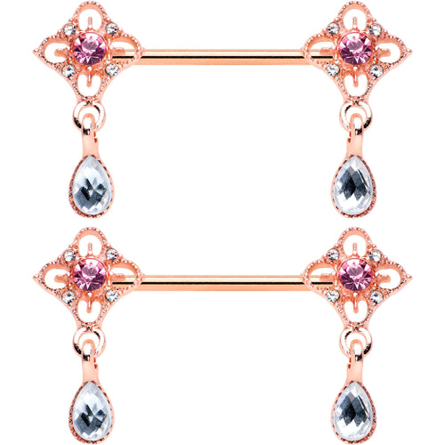 14G 9/16 Purple Grey Gem Rose Gold Tone Dangle Nipple Ring Set