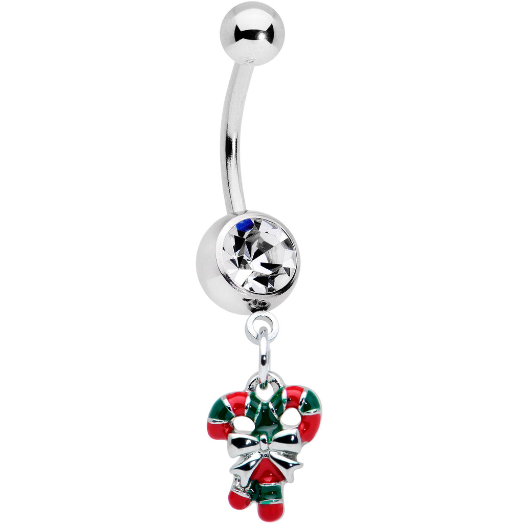 Clear Gem Pair of Candy Canes Christmas Dangle Belly Ring
