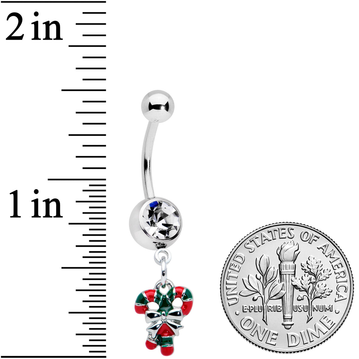 Clear Gem Pair of Candy Canes Christmas Dangle Belly Ring