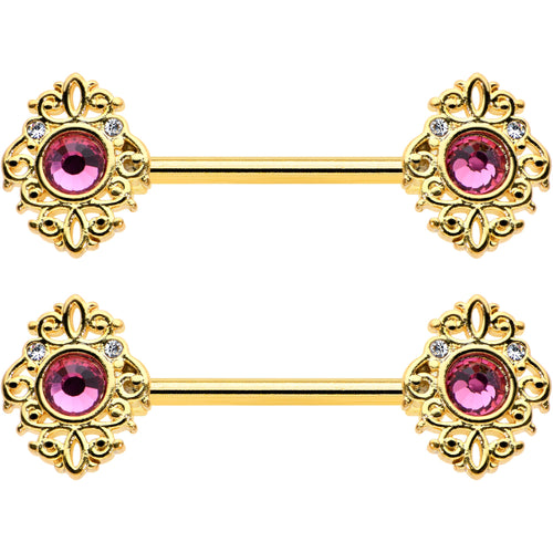 14G 9/16 Pink Gem Gold Hue Open Lace Love Barbell Nipple Ring Set