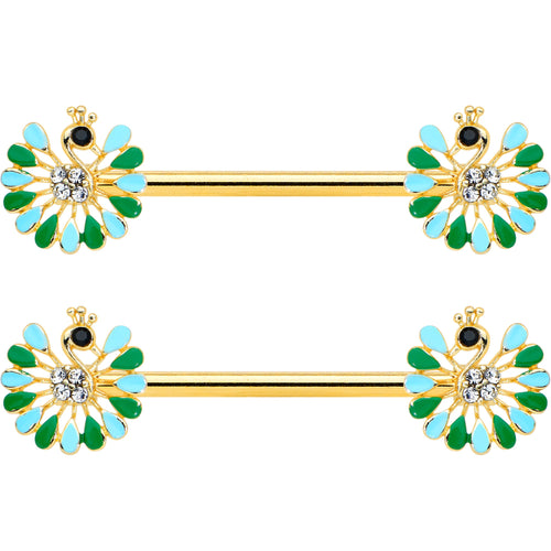 14G 5/8 Clear Gem Gold Hue Pretty Peacock Barbell Nipple Ring Set