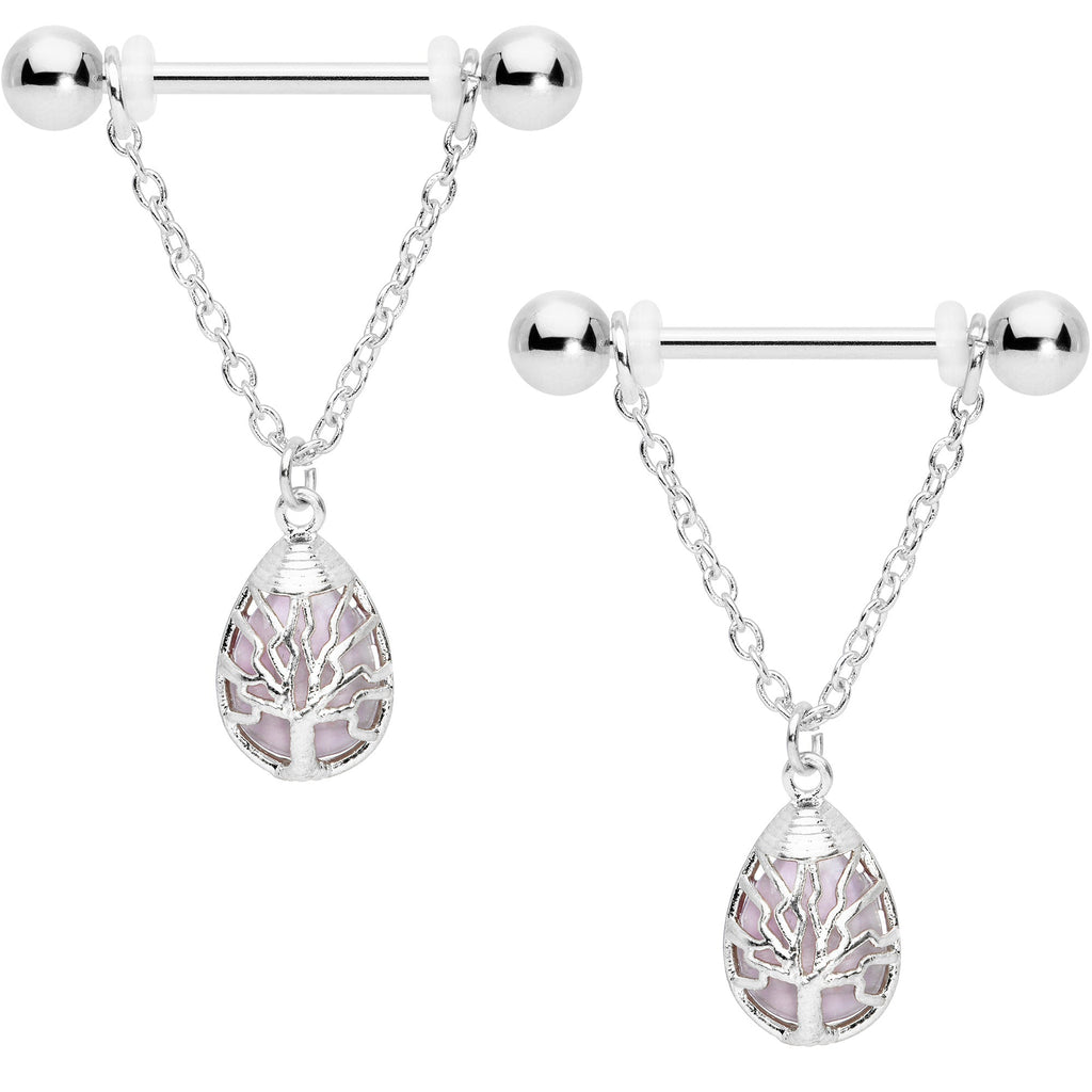 14G 9/16 Pink Rose Quartz Drop Tree Chain Dangle Nipple Ring Set